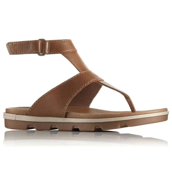 Sorel Torpeda Tan Brown Leather Ankle Strap Thong Sandals Size 8.5 - Picture 1 of 6